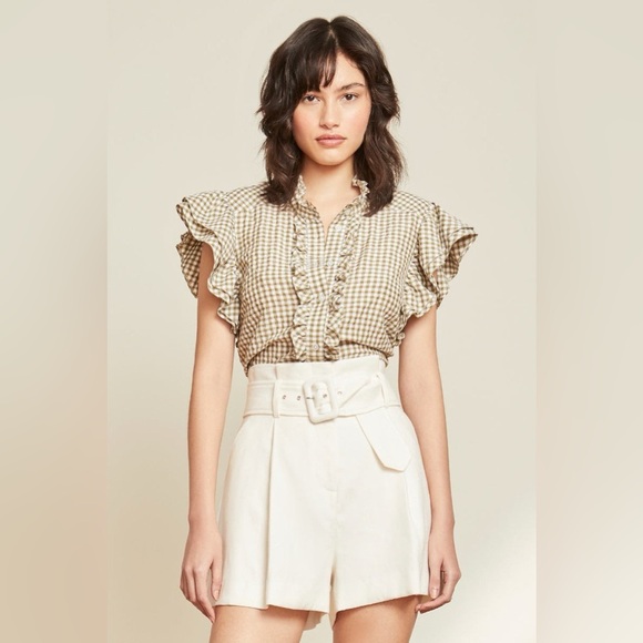 Veronica Beard Tops - Veronica Beard Tenille Ruffled Sleeve Button Down Shirt Olive White Size XS